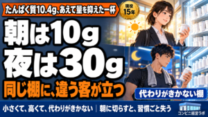 朝昼は10g、ジムの前後は30g｜たんぱく質の棚は、時間で客が入れ替わる——森永が「盛らない」プロテインを出した理由と、近くの店で続く習慣【現役オーナー】