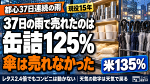 37日の雨で売れたのは、傘ではなく缶詰だった|レタス2.4倍でもコンビニは動かない——長雨は客を消さず、買い置きに変える【現役オーナー】